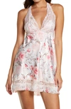 Black Bow 'muse' Lace & Satin Backless Chemise In Gossamer Rose