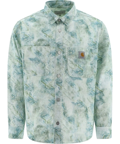 Carhartt Marble Print Long-sleeved Shirt In Green,light Blue,white