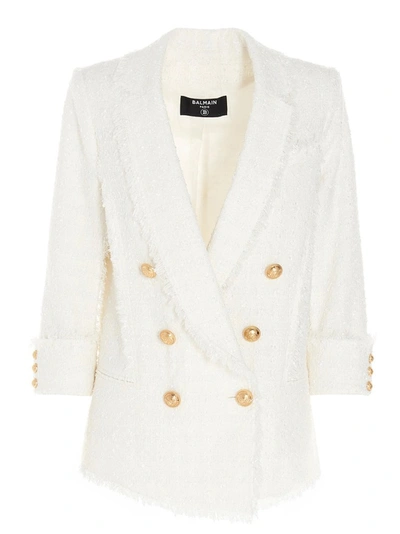 Balmain Double-breasted Frayed Tweed Blazer In White