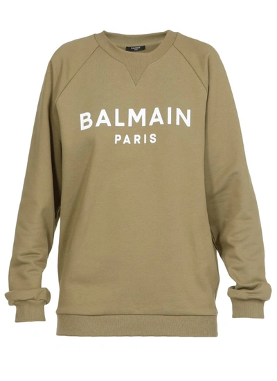 Balmain Flocked Logo Cotton Sweatshirt In Khaki