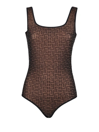 Balmain Monogram Jacquard Strap Bodysuit In Brown