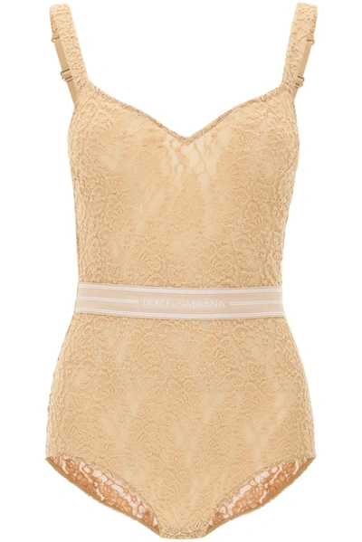 Dolce & Gabbana Lace Bodysuit With Logo Band In Beige