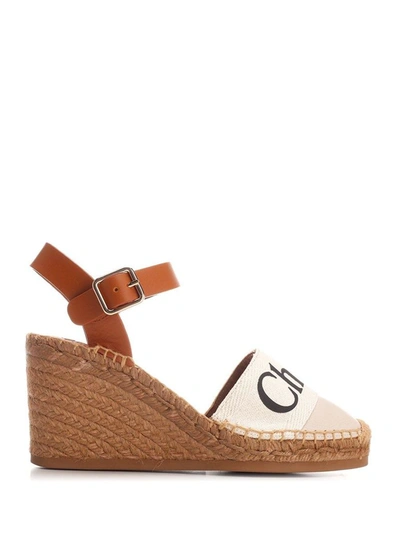 Chloé Woody Leather And Logo-print Canvas Espadrille Wedges In White