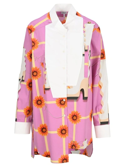 Loewe Asymmetric Wallpaper-print Cotton-poplin Shirt In Pink,white,orange,yellow