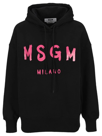 Msgm Logo Cotton Sweatshirt Hoodie In Black
