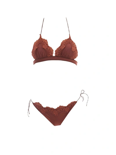 Oseree Oséree Travaille Lace Trim Bikini Set In Brown