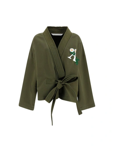 Palm Angels Daisy Logo Fleece Kimono Jacket In Green