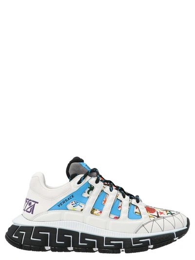 Versace Trigreca Leather-trimmed Printed Stretch-knit Sneakers In White