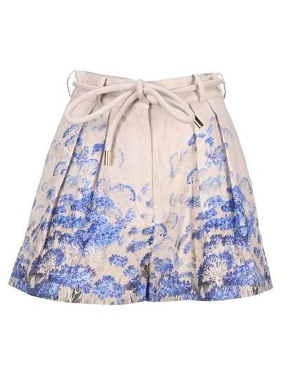 Zimmermann Luminous Belted Pleated Floral-print Linen Shorts In Blue,pink