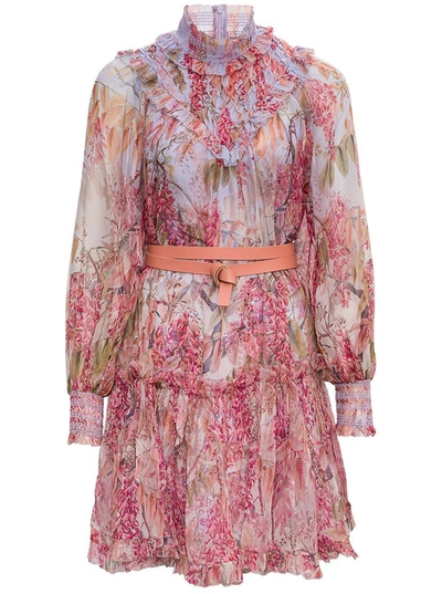 Zimmermann Wild Botanica Smocked Floral-print Silk-crepon Mini Dress In Pink