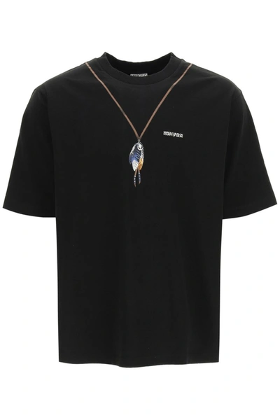 Marcelo Burlon County Of Milan Black Single Chain Feathers T-shirt In Black,brown,blue