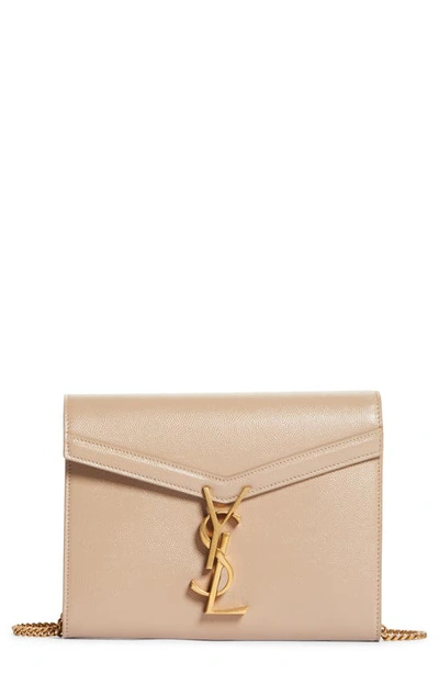 Saint Laurent Cassandra Leather Wallet On A Chain In Dark Beige