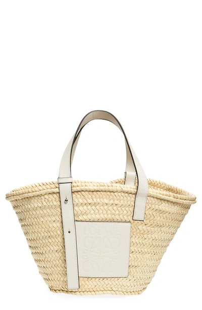Loewe X Paula's Ibiza Basket Bag In Palm Leaf With Leather Handles In Natural White