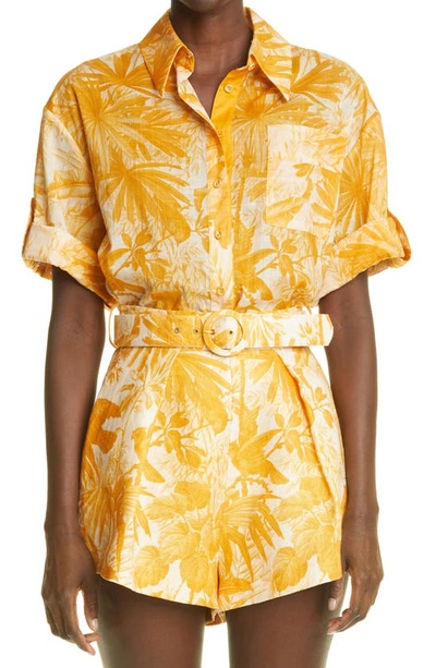 Zimmermann Mae Cuffed Short Sleeve Blouse In Amber Palm