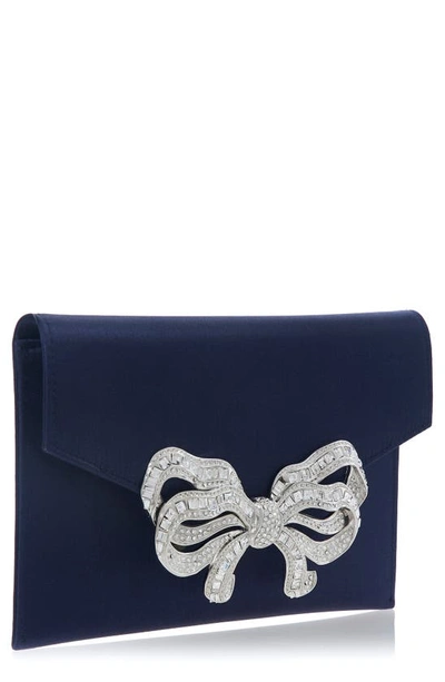 Judith Leiber Couture Crystal Bow Satin Envelope Clutch In Silver Navy