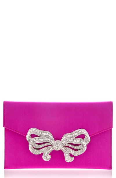 Judith Leiber Crystal Bow Satin Envelope Clutch In Silver Fuchsia