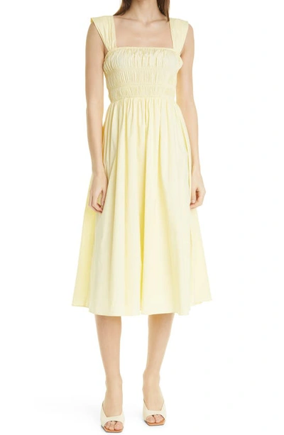 Staud Ida Smocked Poplin Midi Dress In Yellow