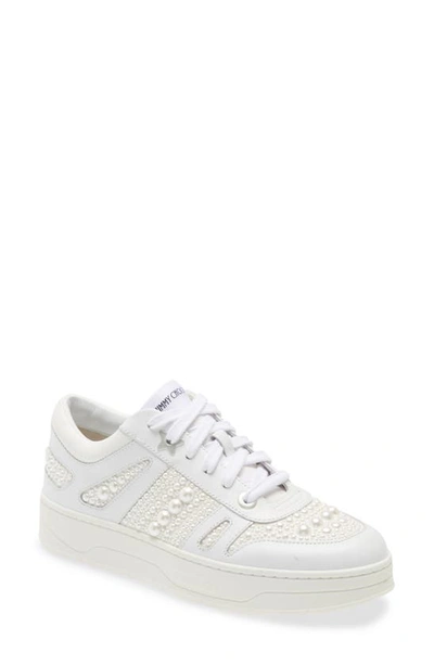 Jimmy Choo Hawaii Faux Pearl-embellished Leather Sneakers In White