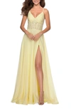 La Femme Sparkle Lace Chiffon Gown In Pale Yellow