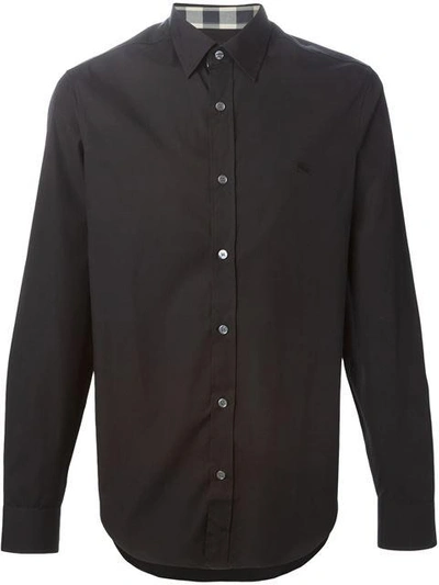 Burberry Check Detail Stretch Cotton Poplin Shirt In Black