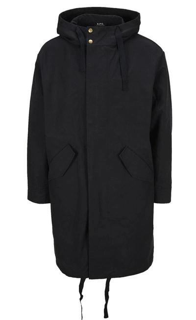 Apc Concealed Hooded Parka Coat In Dark Navy