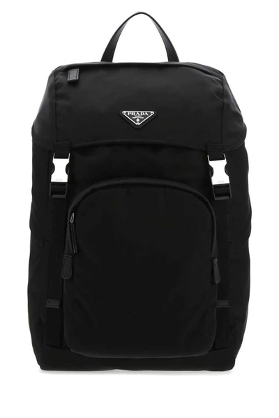 Prada Logo Plaque Buckled Backpack In Black