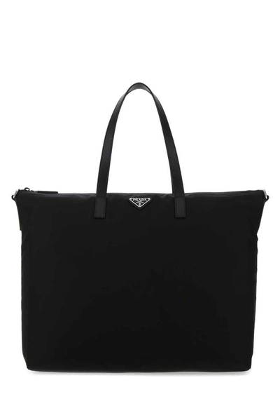 Prada Logo Plaque Tote Bag In Black