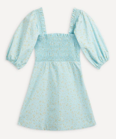 Ganni Shirred Floral-print Organic Cotton-poplin Mini Dress In Blue
