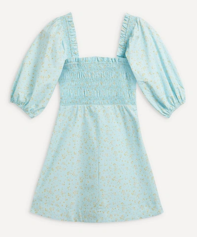 Ganni Shirred Floral-print Organic Cotton-poplin Mini Dress In Corydalis Blue