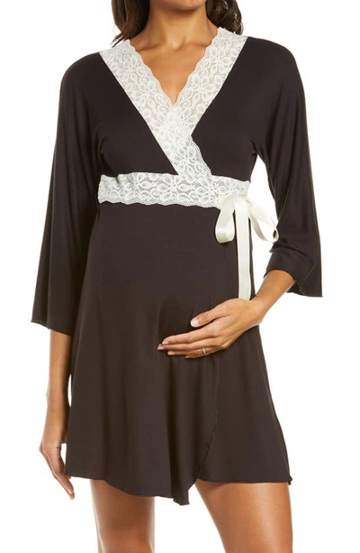 Belabumbum Lotus Lace Trim Dressing Gown In Black/ Pearl