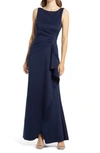 Eliza J Sleeveless Side Tuck Ruffle Gown In Navy