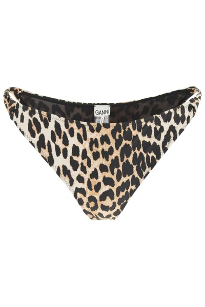 Ganni Leopard-print Recycled Fibre-blend Bikini Briefs In Beige,black,brown