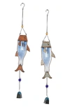 WILLOW ROW BLUE METAL FISH WINDCHIME WITH GLASS BOTTLE BODY AND BEADS,758647767953