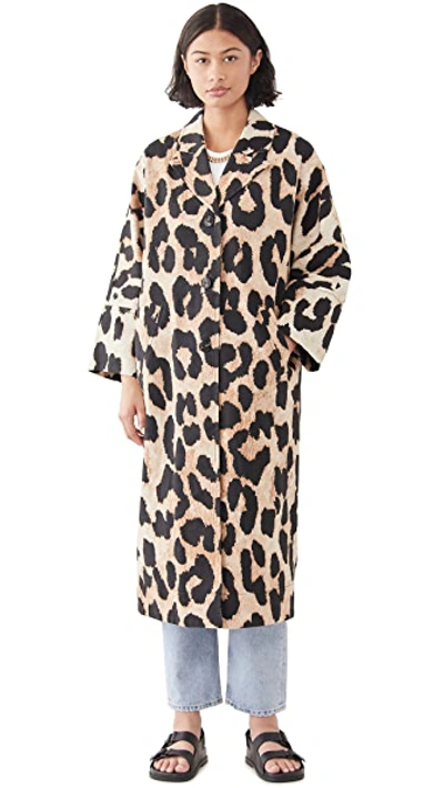 Ganni Leopard-print Linen Canvas Topper Jacket In Beige,brown,black
