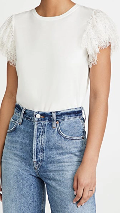 Alice And Olivia Darcelle Lace Sleeve Crop T-shirt In Off White