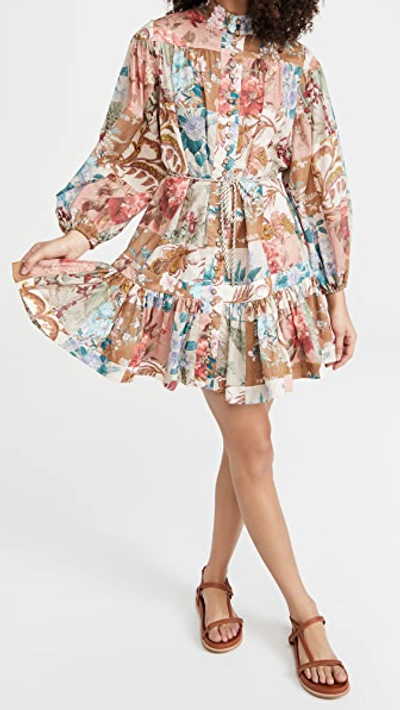 Zimmermann Cassia Patchwork Floral Long Sleeve Minidress In Multi