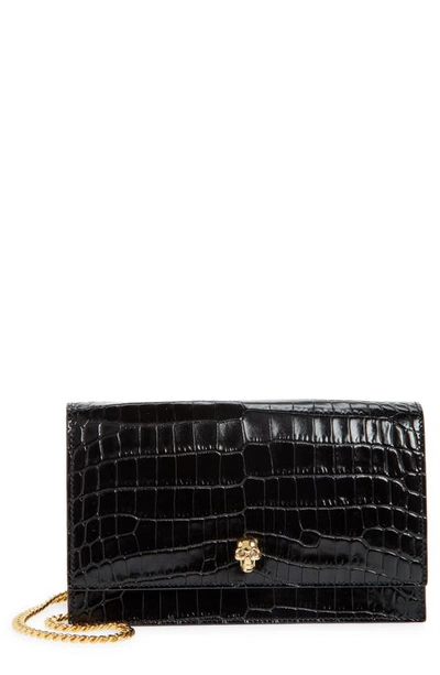 Alexander Mcqueen Skull Croc Embossed Leather Shoulder Bag In 1001 Black