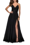 La Femme Chiffon Prom Dress With Sheer Floral Lace Bodice In Black