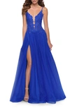 La Femme Floral Embroidered Illusion Plunge Tulle Ballgown In Royal Blue