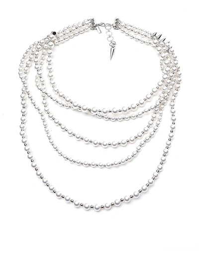 Junya Watanabe Spike Stud Layered Pearl Necklace In Silver