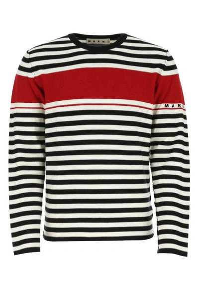 Marni Striped Crew Neck L/s Sweater W/logo On Sleeve In Multicolor