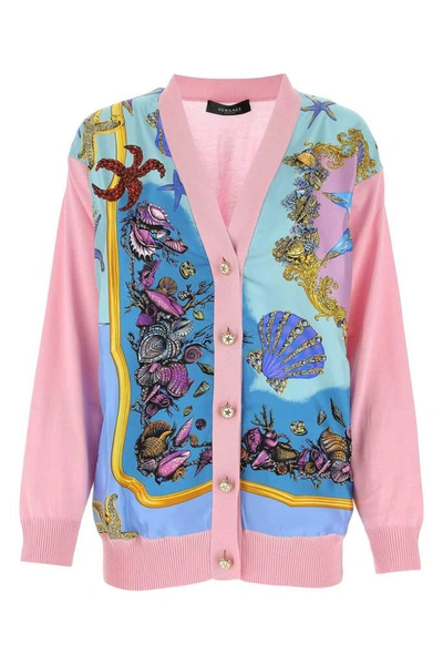 Versace Tresor De La Mer Print Silk & Cotton Cardigan In Pink