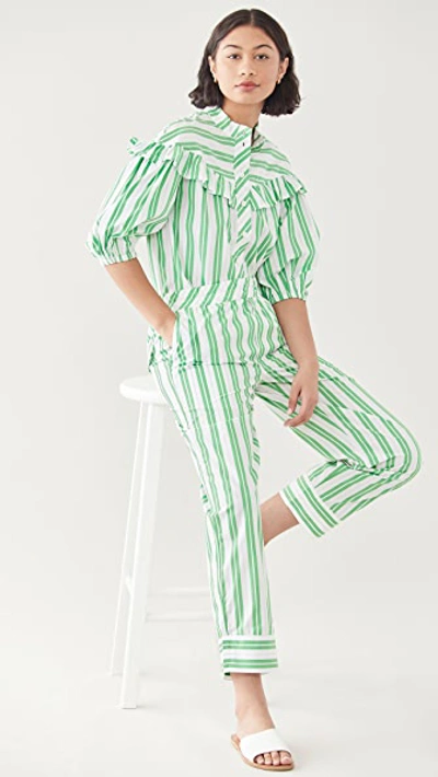 Ganni Ruffled Striped Organic-cotton Poplin Shirt In Green