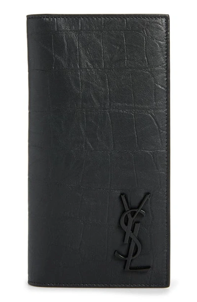 Saint Laurent Monogram Croc Embossed Leather Bifold Wallet In Nero