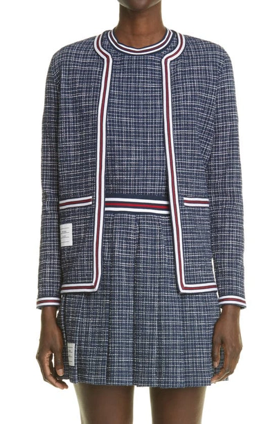 Thom Browne Hairline-checked Cotton-blend Cardigan In Blue