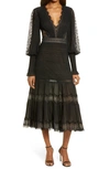 Tadashi Shoji Lace Pintuck Long Sleeve Midi Cocktail Dress In Black/ Nude