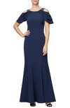 ALEX EVENINGS BEADED COLD SHOULDER TRUMPET GOWN,8160194