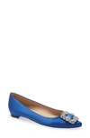 Manolo Blahnik Hangisi Crystal-embellished Satin Point-toe Flats In Blue