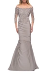 La Femme Off The Shoulder Lace Bodice Satin Mermaid Gown In Grey
