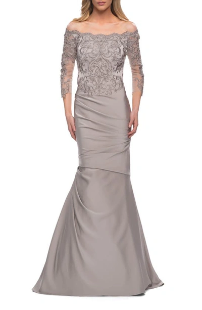 La Femme Off The Shoulder Lace Bodice Satin Mermaid Gown In Grey
